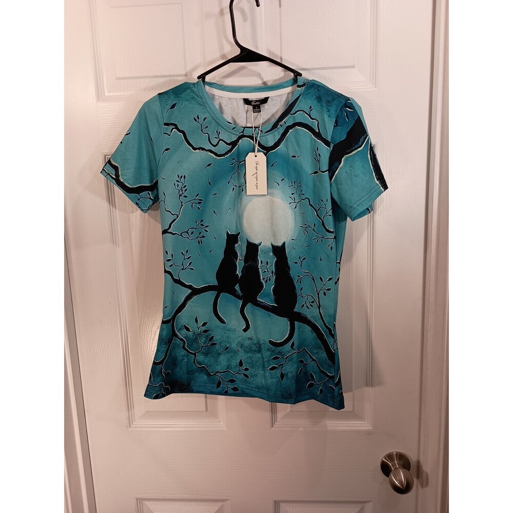 Shall We Top Size S Blue Short Sleeve Cat Theme